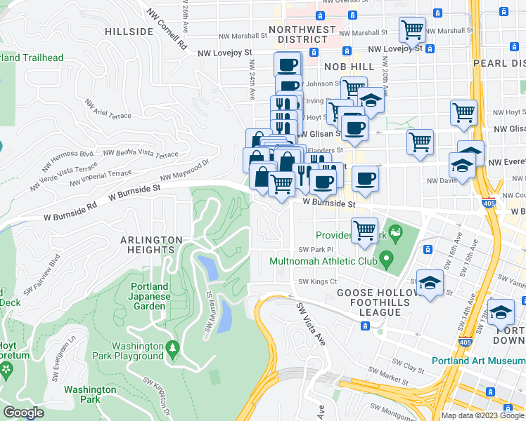 map of restaurants, bars, coffee shops, grocery stores, and more near 2336 Southwest Osage Street in Portland