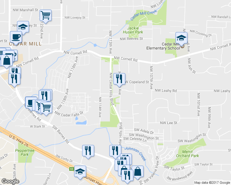 map of restaurants, bars, coffee shops, grocery stores, and more near 11275 Northwest Leahy Road in Portland