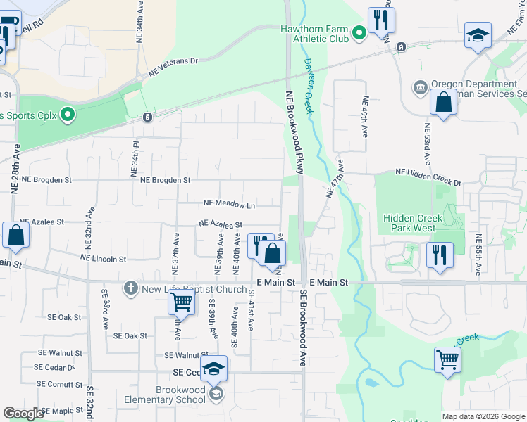 map of restaurants, bars, coffee shops, grocery stores, and more near 4146 Northeast Meadow Lane in Hillsboro