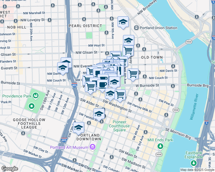map of restaurants, bars, coffee shops, grocery stores, and more near W Burnside St & NW 10th Ave in Portland