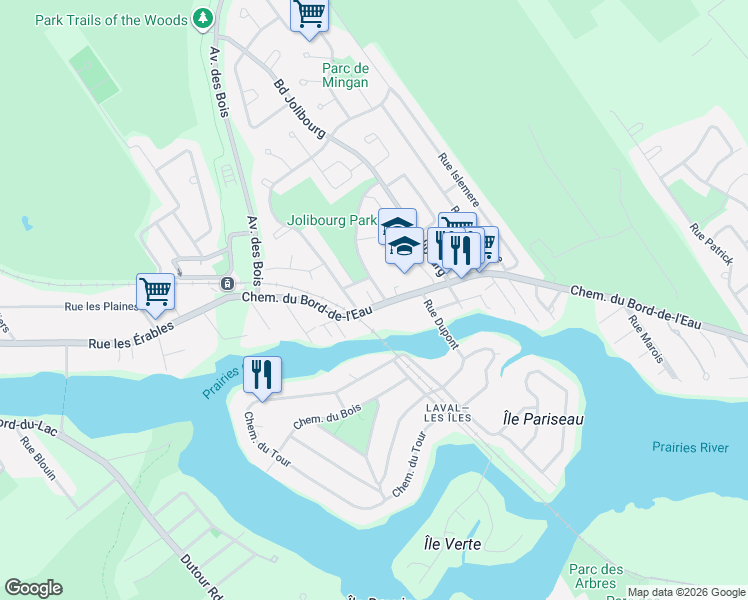 map of restaurants, bars, coffee shops, grocery stores, and more near 1313 Chemin du Bord-de-l'Eau in Laval