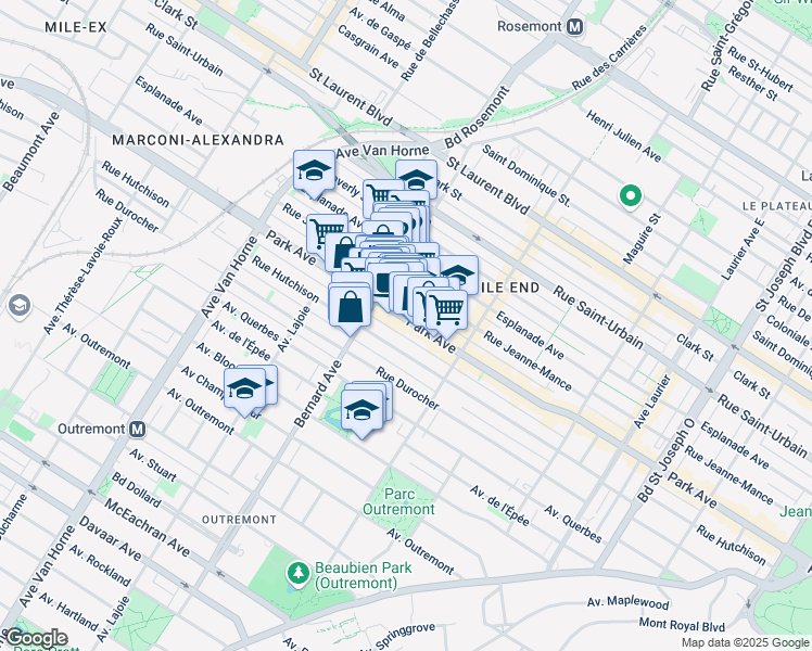 map of restaurants, bars, coffee shops, grocery stores, and more near 5678 Avenue du Parc in Montréal