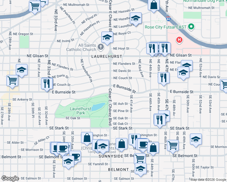 map of restaurants, bars, coffee shops, grocery stores, and more near 3941 East Burnside Street in Portland