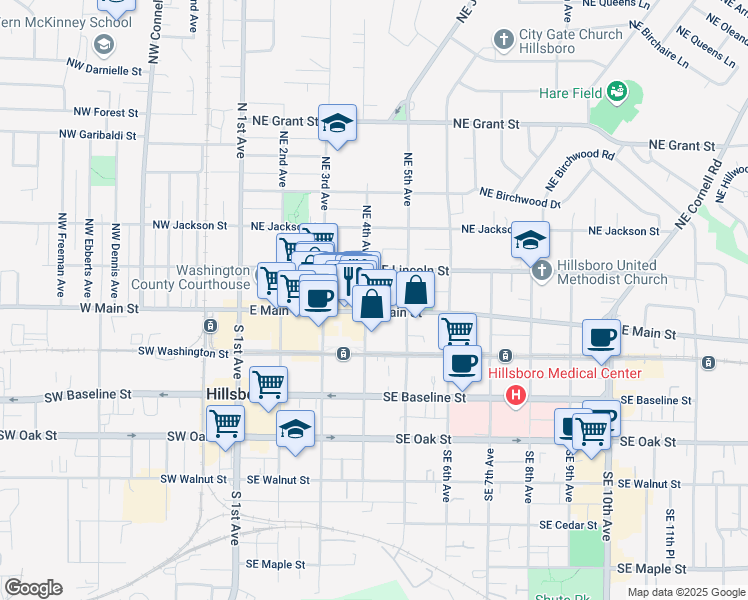 map of restaurants, bars, coffee shops, grocery stores, and more near 434 Northeast Lincoln Street in Hillsboro