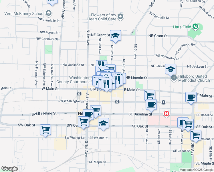 map of restaurants, bars, coffee shops, grocery stores, and more near 171 Northeast 3rd Avenue in Hillsboro