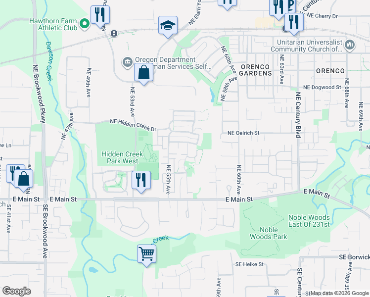 map of restaurants, bars, coffee shops, grocery stores, and more near 225 Northeast 57th Avenue in Hillsboro