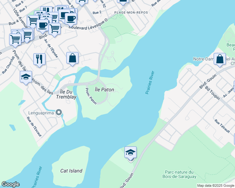 map of restaurants, bars, coffee shops, grocery stores, and more near 4480 Promenade Paton in Laval