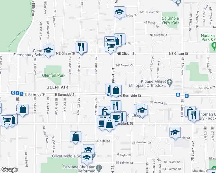 map of restaurants, bars, coffee shops, grocery stores, and more near 130 Northeast 160th Avenue in Portland