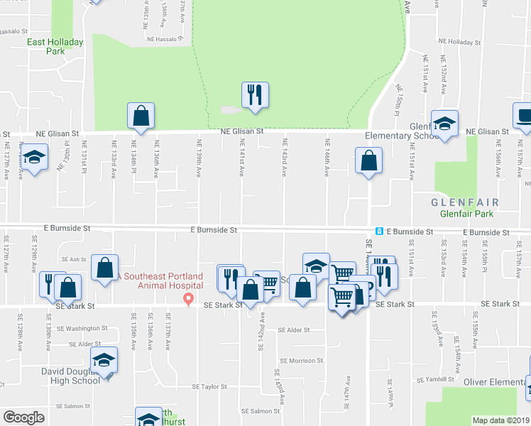 map of restaurants, bars, coffee shops, grocery stores, and more near 14146 Northeast Davis Court in Portland