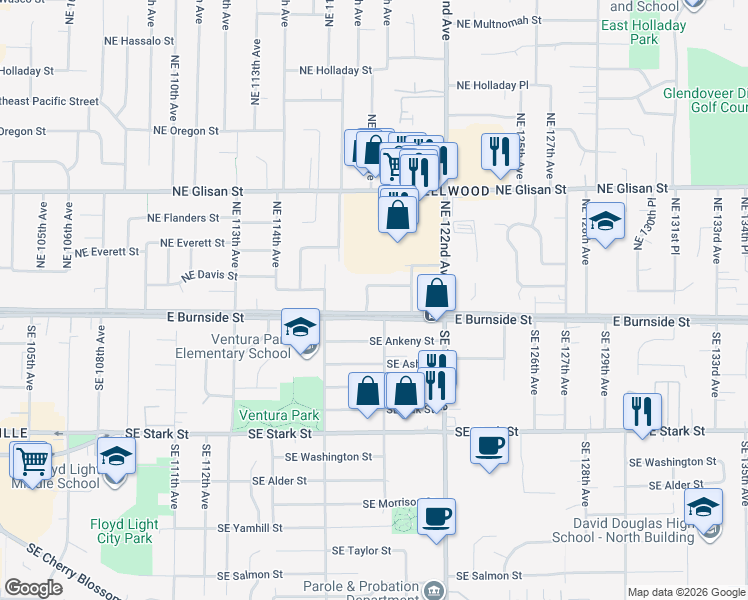 map of restaurants, bars, coffee shops, grocery stores, and more near 11833 Northeast Couch Street in Portland