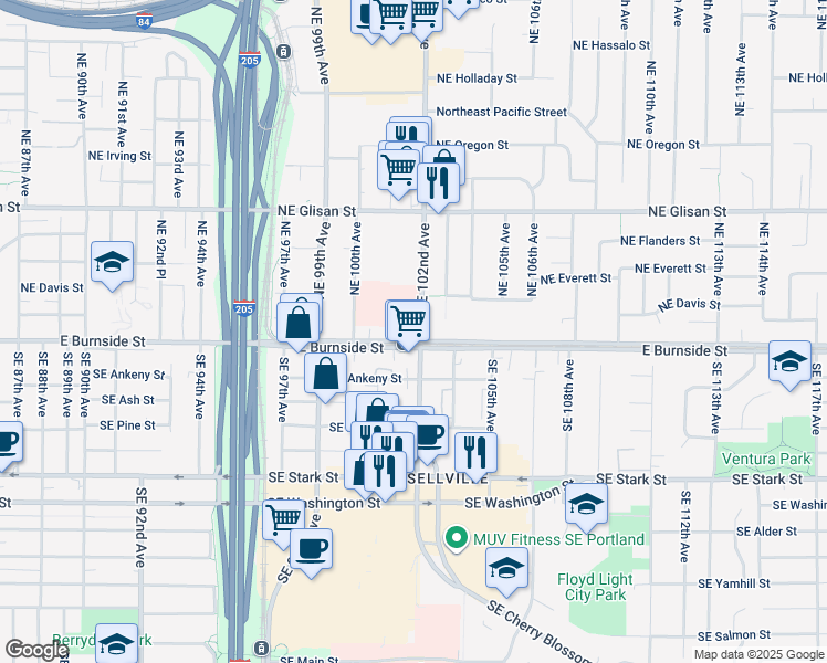 map of restaurants, bars, coffee shops, grocery stores, and more near 115 Northeast 102nd Avenue in Portland