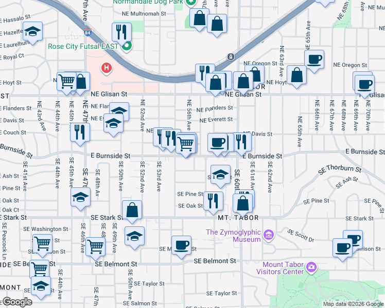 map of restaurants, bars, coffee shops, grocery stores, and more near 39 Northeast 57th Avenue in Portland