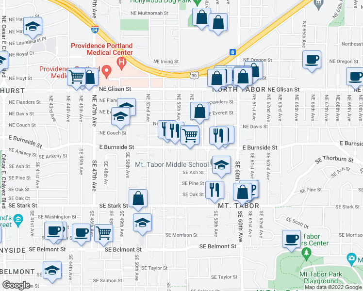 map of restaurants, bars, coffee shops, grocery stores, and more near 5524 Northeast Couch Street in Portland