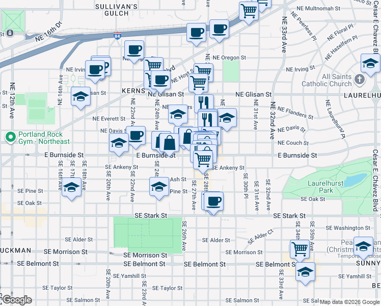 map of restaurants, bars, coffee shops, grocery stores, and more near 2653 Northeast Couch Street in Portland