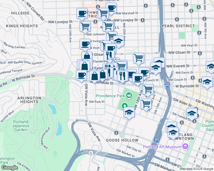 map of restaurants, bars, coffee shops, grocery stores, and more near 2157 West Burnside Street in Portland