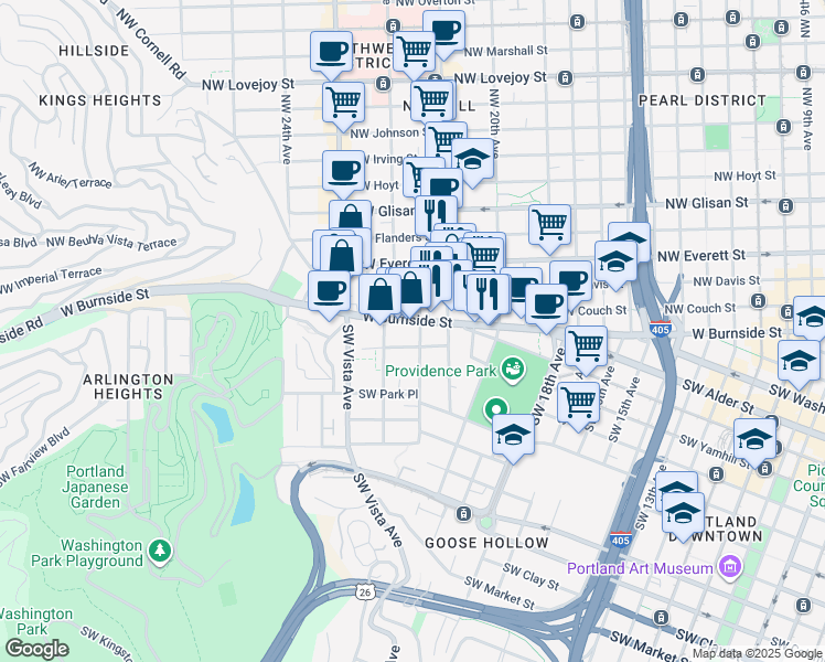 map of restaurants, bars, coffee shops, grocery stores, and more near 2157 West Burnside Street in Portland