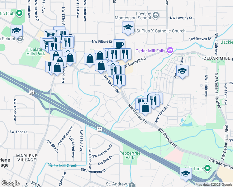 map of restaurants, bars, coffee shops, grocery stores, and more near 525 Northwest Saltzman Road in Portland
