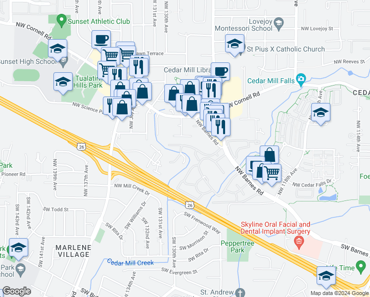 map of restaurants, bars, coffee shops, grocery stores, and more near 12882 Northwest Clement Lane in Portland