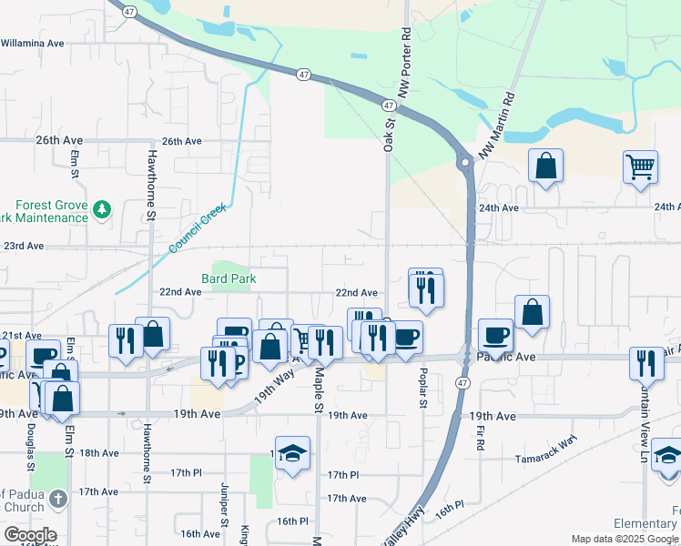 map of restaurants, bars, coffee shops, grocery stores, and more near 3231 22nd Place in Forest Grove