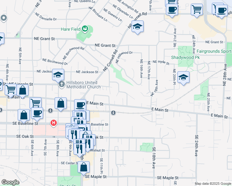 map of restaurants, bars, coffee shops, grocery stores, and more near 180 Northeast 12th Avenue in Hillsboro