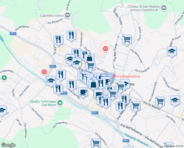 map of restaurants, bars, coffee shops, grocery stores, and more near 6 Via Isonzo in Arzignano