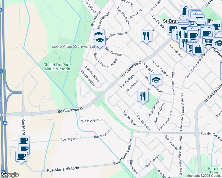 map of restaurants, bars, coffee shops, grocery stores, and more near 470 Boulevard Clairevue Ouest in Saint-Bruno-de-Montarville