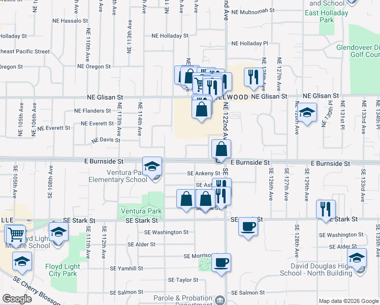 map of restaurants, bars, coffee shops, grocery stores, and more near 11833 Northeast Couch Street in Portland