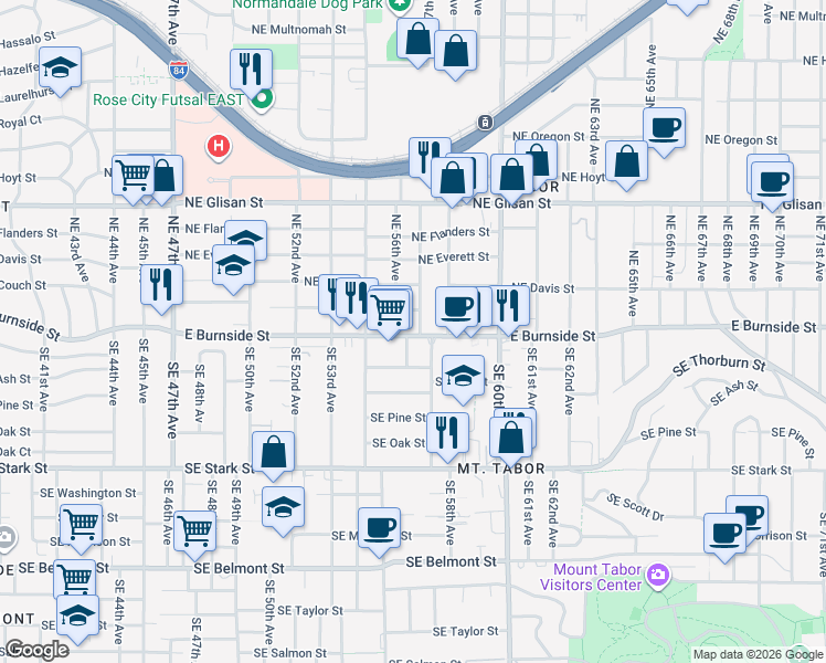 map of restaurants, bars, coffee shops, grocery stores, and more near 5625 East Burnside Street in Portland