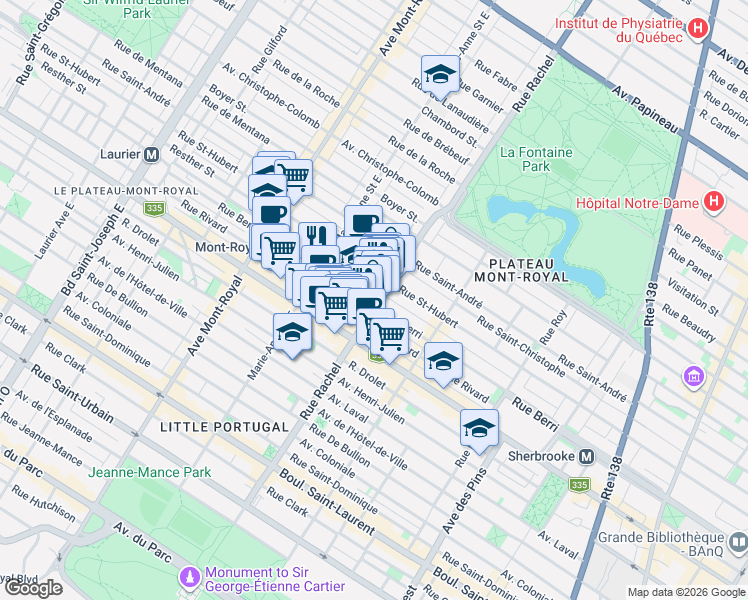 map of restaurants, bars, coffee shops, grocery stores, and more near 511 Rue Rachel Est in Montréal