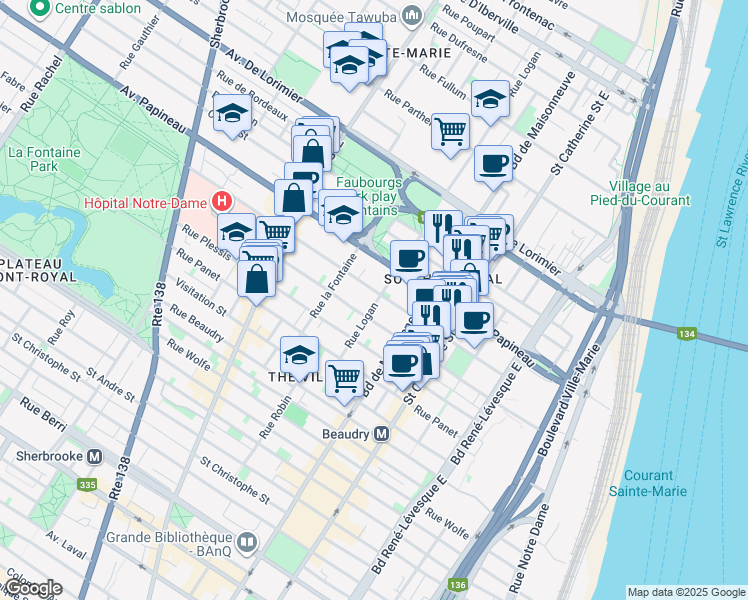 map of restaurants, bars, coffee shops, grocery stores, and more near 1595 Rue Logan in Montréal