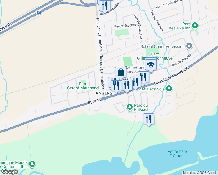 map of restaurants, bars, coffee shops, grocery stores, and more near 65 Rue du Progrès in Gatineau
