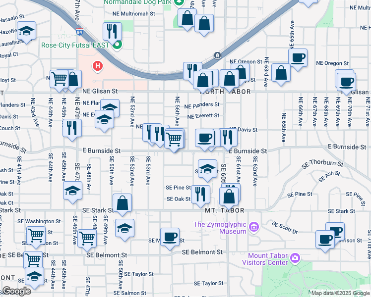 map of restaurants, bars, coffee shops, grocery stores, and more near 39 Northeast 57th Avenue in Portland