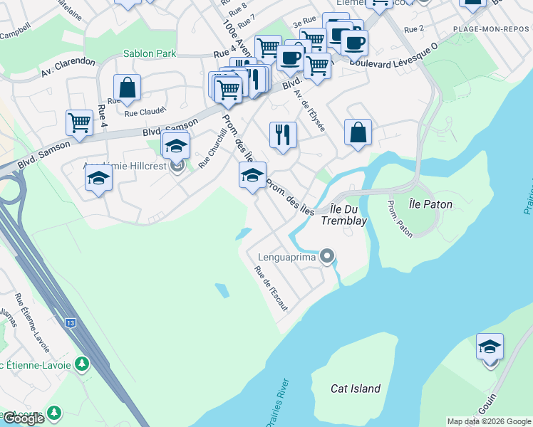 map of restaurants, bars, coffee shops, grocery stores, and more near 121 Rue Saint-Judes in Laval