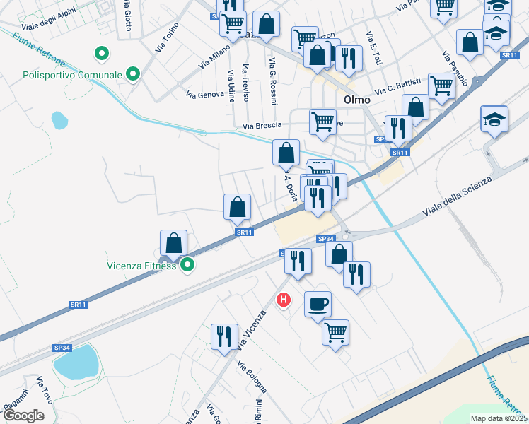 map of restaurants, bars, coffee shops, grocery stores, and more near 14 Via Marco Polo in Creazzo