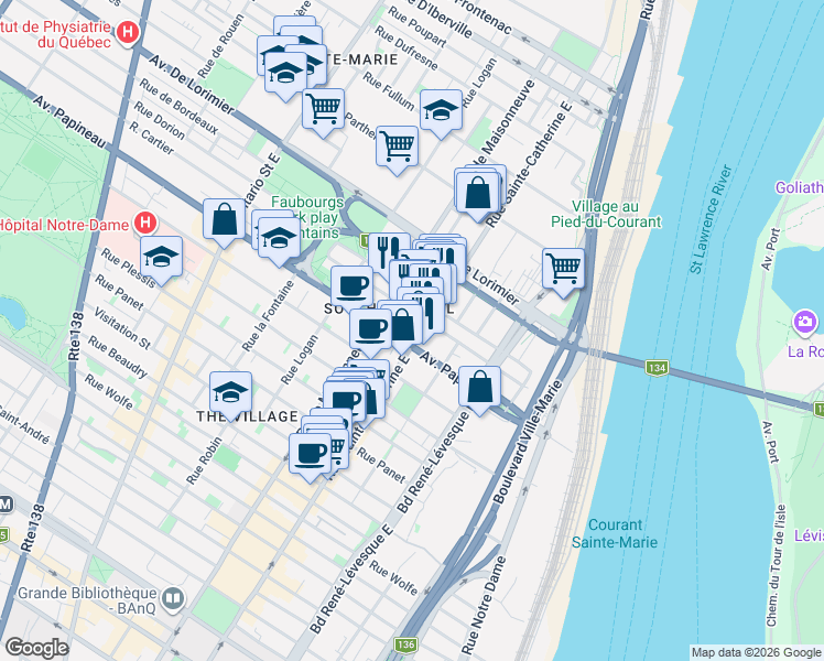 map of restaurants, bars, coffee shops, grocery stores, and more near 1815 Rue Sainte-Catherine Est in Montréal