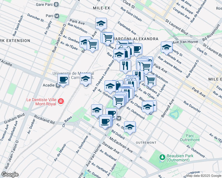 map of restaurants, bars, coffee shops, grocery stores, and more near 950 Avenue Champagneur in Montreal