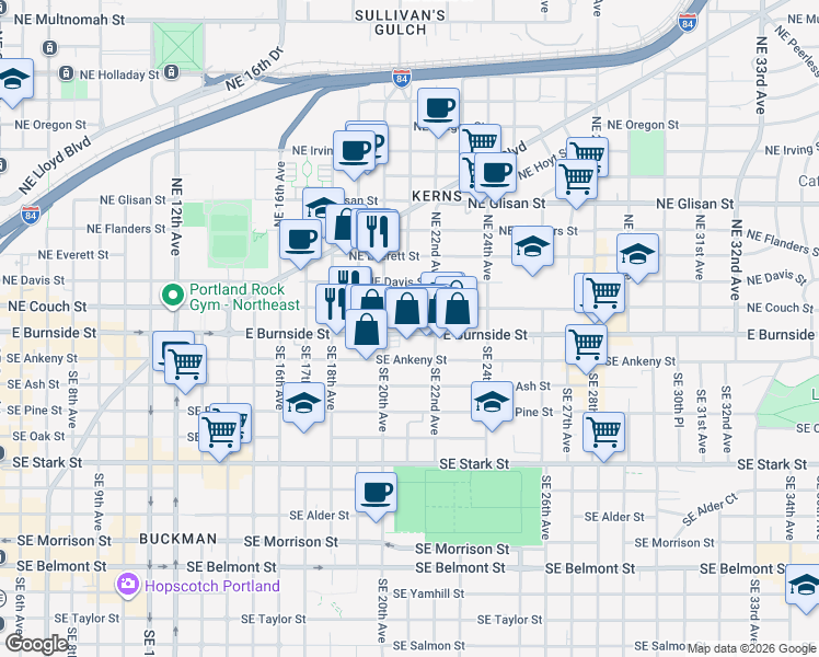 map of restaurants, bars, coffee shops, grocery stores, and more near 2045 East Burnside Street in Portland