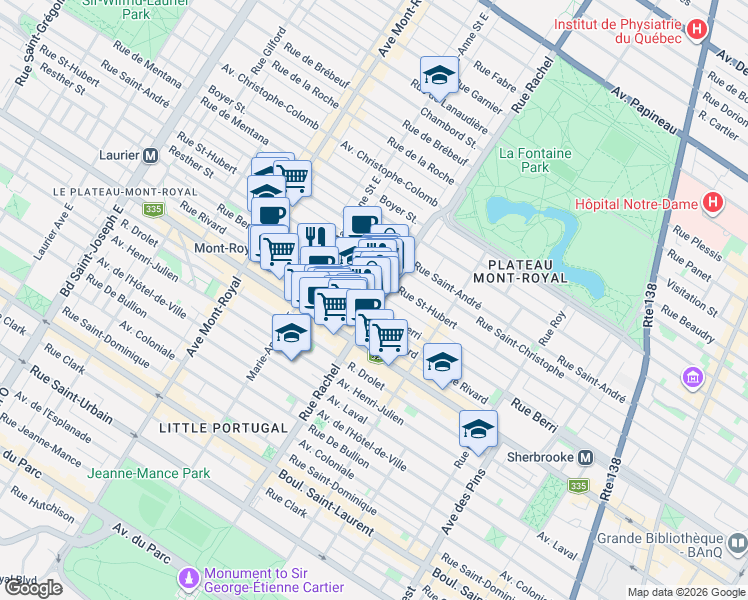 map of restaurants, bars, coffee shops, grocery stores, and more near 511 Rue Rachel Est in Montréal