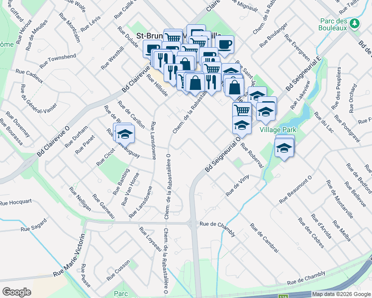 map of restaurants, bars, coffee shops, grocery stores, and more near 1594 Rue Fortier in Saint-Bruno-de-Montarville