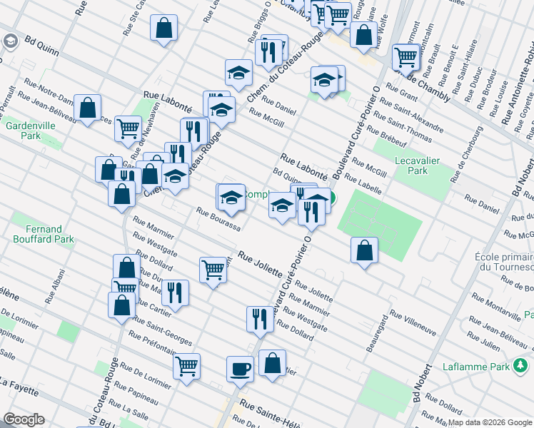 map of restaurants, bars, coffee shops, grocery stores, and more near 1782 Rue-Notre-Dame-de-Grâces in Longueuil