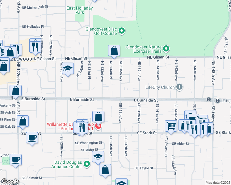map of restaurants, bars, coffee shops, grocery stores, and more near 13418 Northeast Green Tee Court in Portland