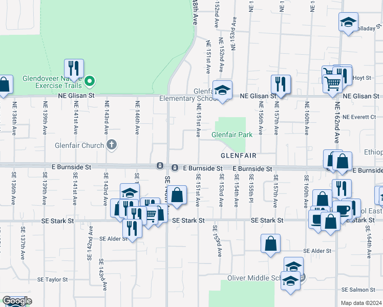 map of restaurants, bars, coffee shops, grocery stores, and more near 110 Northeast 151st Avenue in Portland