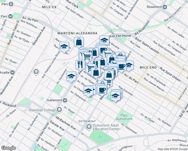 map of restaurants, bars, coffee shops, grocery stores, and more near 737 Avenue Querbes in Montréal
