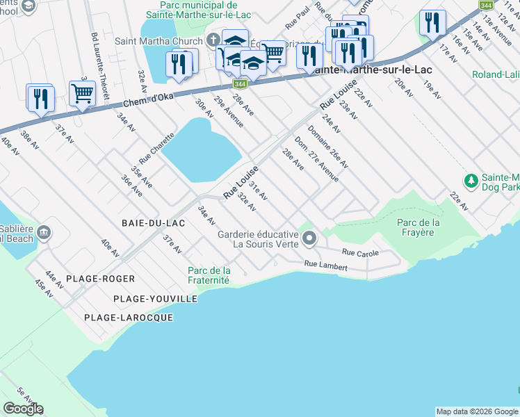 map of restaurants, bars, coffee shops, grocery stores, and more near 79 32e Avenue in Sainte-Marthe-sur-le-Lac