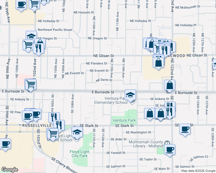 map of restaurants, bars, coffee shops, grocery stores, and more near 11251 Northeast Couch Court in Portland