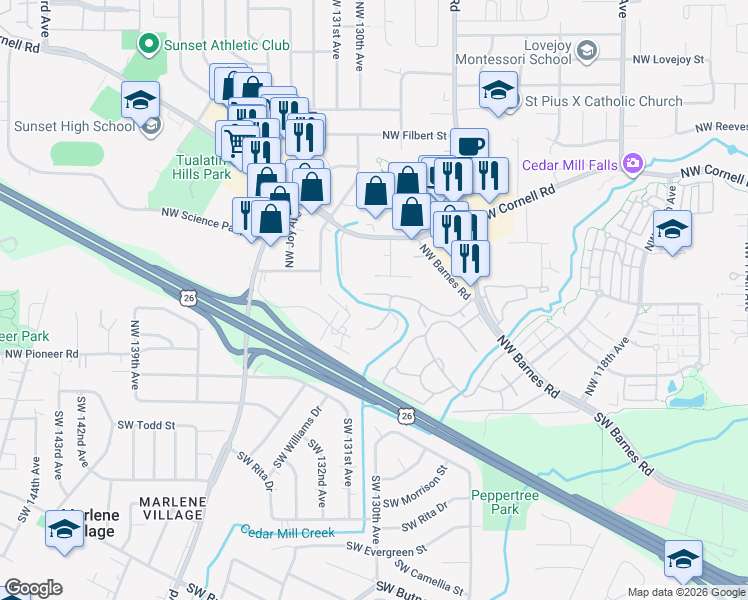 map of restaurants, bars, coffee shops, grocery stores, and more near 13000 Northwest Cornell Road in Portland
