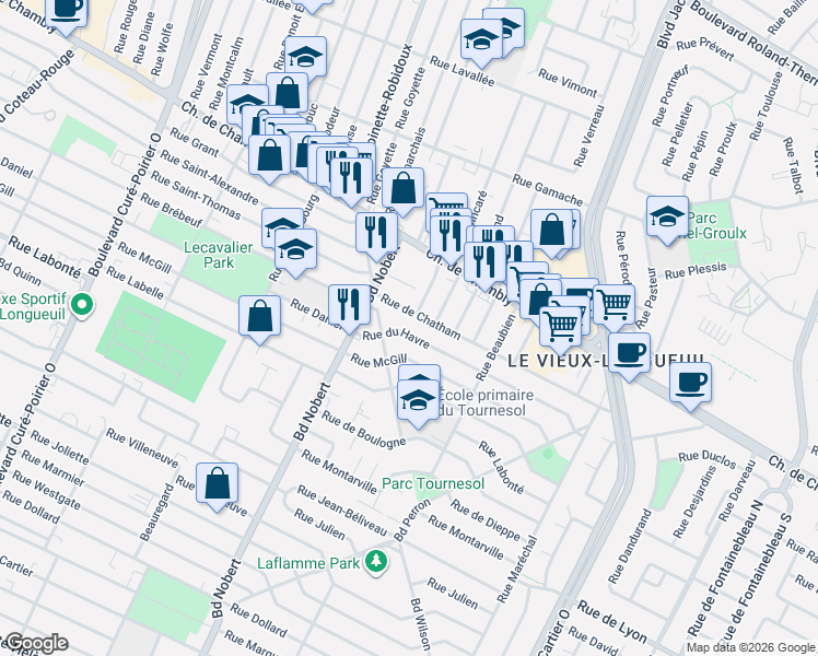 map of restaurants, bars, coffee shops, grocery stores, and more near 2403 Rue du Havre in Longueuil