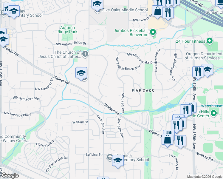 map of restaurants, bars, coffee shops, grocery stores, and more near 16922 Northwest Hazelgrove Court in Beaverton