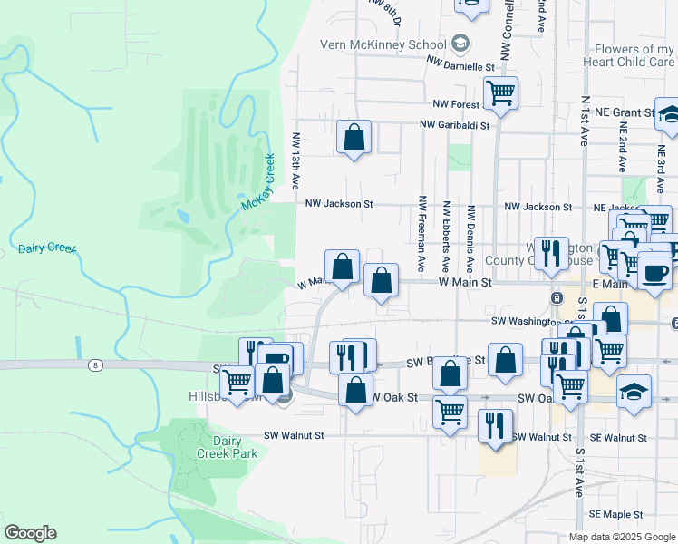 map of restaurants, bars, coffee shops, grocery stores, and more near 1025 West Main Street in Hillsboro