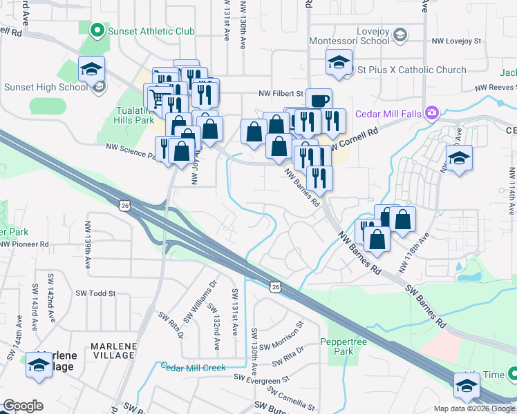 map of restaurants, bars, coffee shops, grocery stores, and more near 12882 Northwest Clement Lane in Portland